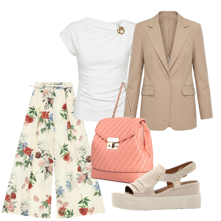 Outfit donna - Ultimi giorni d’estate. Stile Bon Ton per Tutti i giorni. Abbinamento con zaini, sandali, pantaloni a palazzo, blazer, t-shirt.