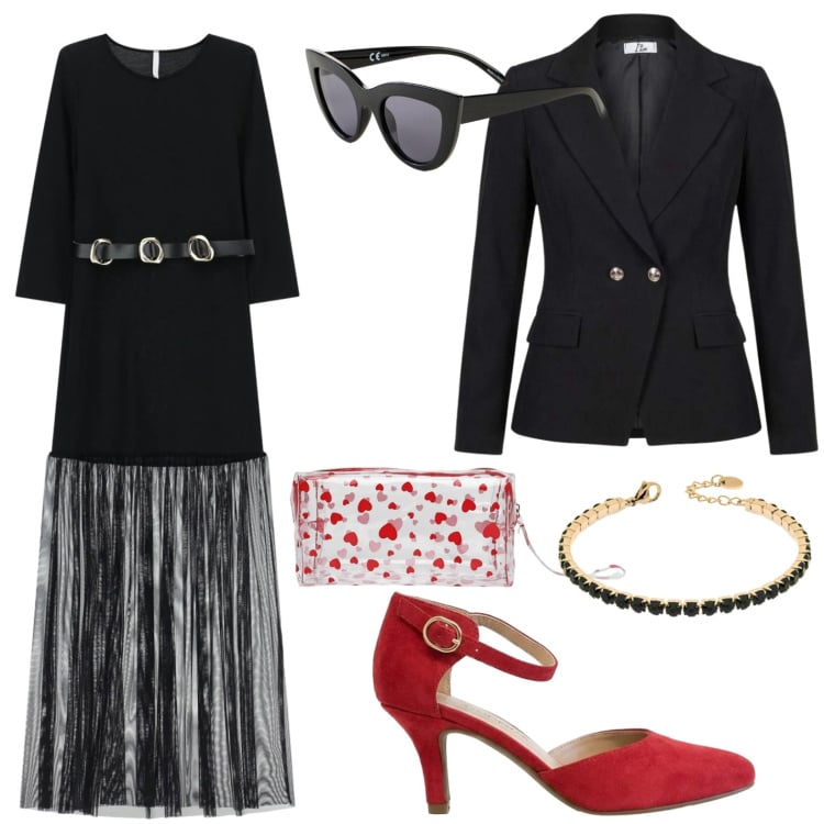 Outfit donna - Elegance. Stile Chic per Serata fuori. Abbinamento con décolleté, occhiali da sole, vestiti lunghi, valigie, blazer, braccialetti.