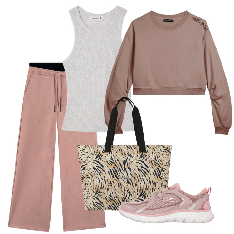 Outfit donna - Back to Pilates Class. Stile Sporty chic per Sport. Abbinamento con canottiere, felpe, pantaloni, shopping bag, scarpe sportive.