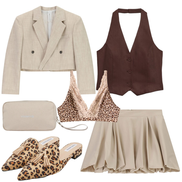 Outfit donna - Mini. Stile Casual per Tutti i giorni. Abbinamento con bralette, minigonne, blazer, sabot, gilet, valigie.