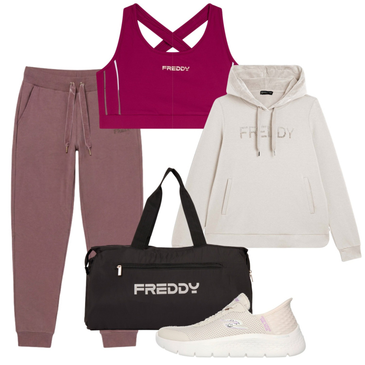 Outfit donna - Back to Pilates Class. Stile Sporty chic per Sport. Abbinamento con felpe con cappuccio, pantaloni, borse sportive, top, scarpe sportive.