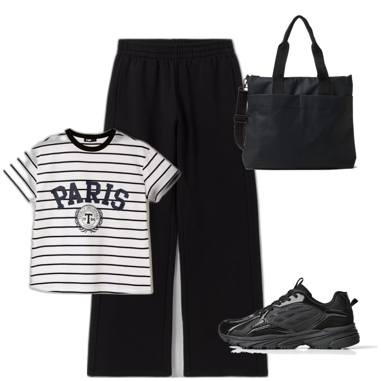 Outfit mujer - Casual chic #11336. Estilo Casual chic para Todos los días. Combinación con sneakers, camiseta, pantalones, bolsos de mano.