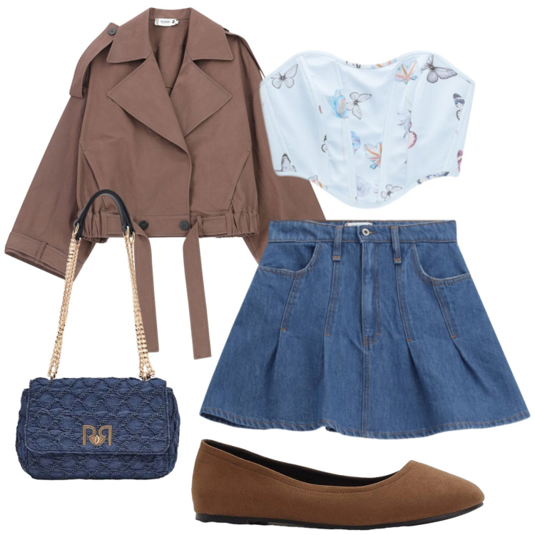 Outfit donna - Total look #2457618. Stile Preppy per Tutti i giorni. Abbinamento con ballerine, top, borse a spalla, minigonne, cappotti.