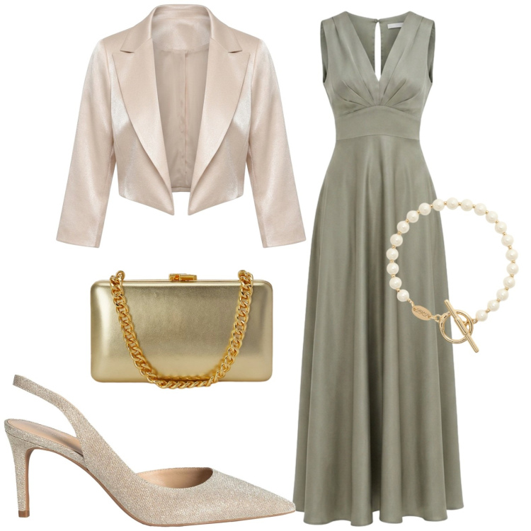 Outfit donna - Chic. Stile Chic per Cerimonia. Abbinamento con décolleté, clutch, braccialetti, vestiti lunghi, bolero.