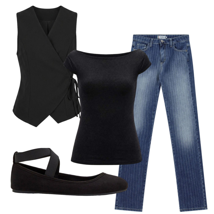 Outfit donna - Total look #2457620. Stile Casual per Ufficio. Abbinamento con ballerine, top, jeans, gilet.