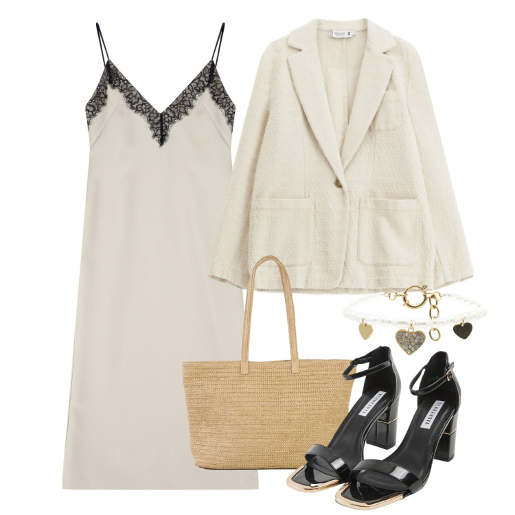 Outfit donna - Fine agosto a Nizza. Stile Chic per Tutti i giorni. Abbinamento con shopping bag, vestiti midi/longuette, sabot, blazer, braccialetti.