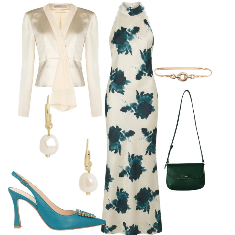 Outfit donna - Chic. Stile Chic per Cerimonia. Abbinamento con décolleté, borse a tracolla, vestiti lunghi, orecchini, cinture, blazer.