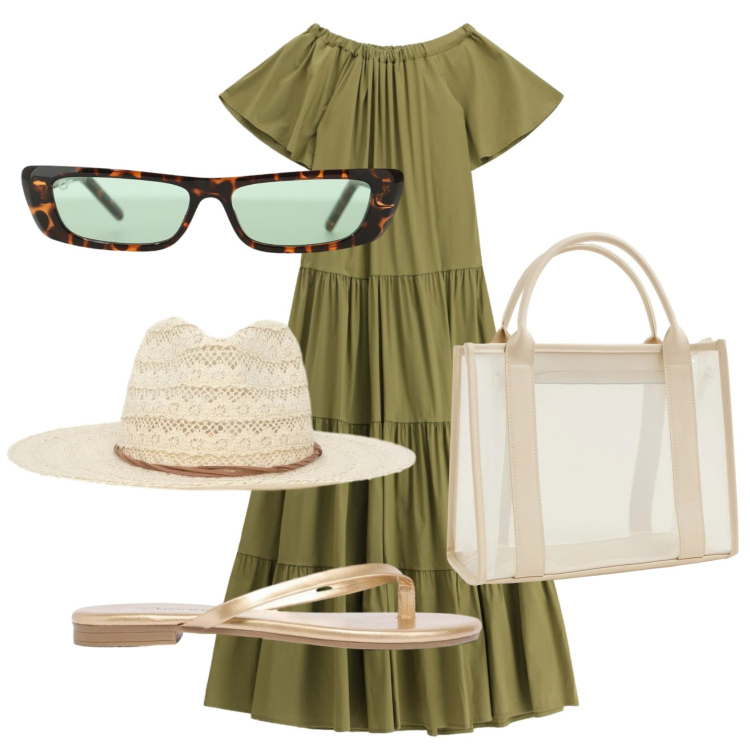 Outfit donna - Total look #2457627. Stile Boho per Tutti i giorni. Abbinamento con sandali, vestiti lunghi, occhiali da sole, borse tote, cappelli.