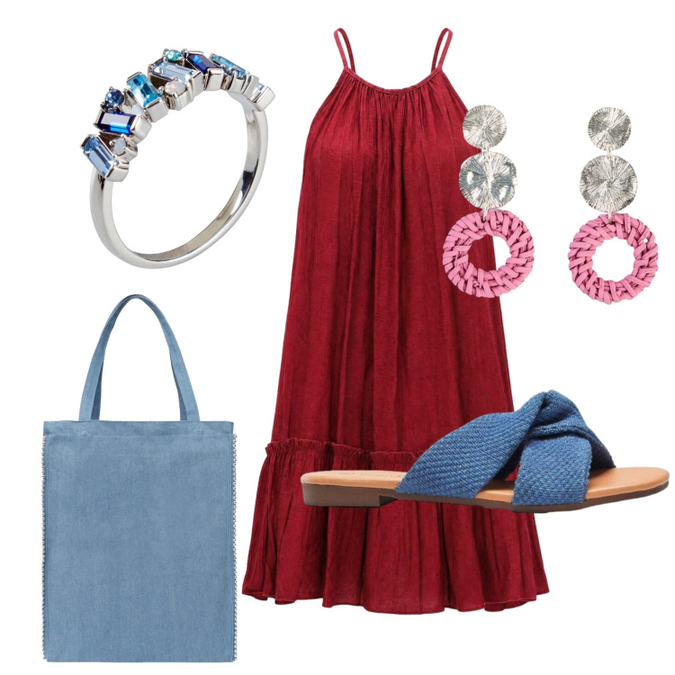 Outfit donna - Total look #2457628. Stile Casual per Tutti i giorni. Abbinamento con orecchini, ciabatte, anelli, borse tote, vestiti corti.