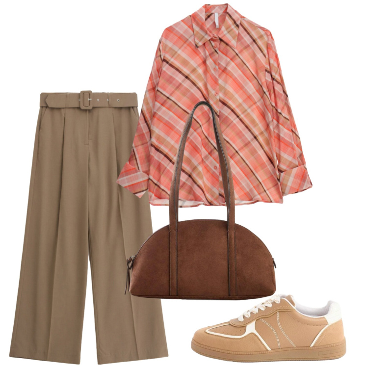 Outfit donna - In camicia. Stile Bon Ton per Ufficio. Abbinamento con borse a tracolla, sneakers, camicie, pantaloni a palazzo.