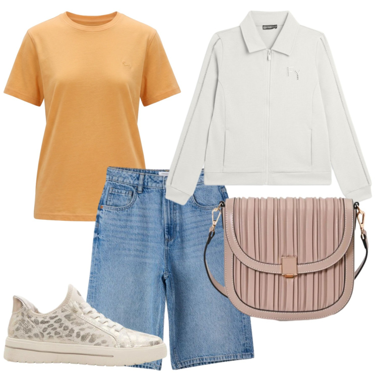 Outfit donna - Weekend. Stile Casual per Tutti i giorni. Abbinamento con sneakers, t-shirt, bermuda, borse a tracolla, felpe.