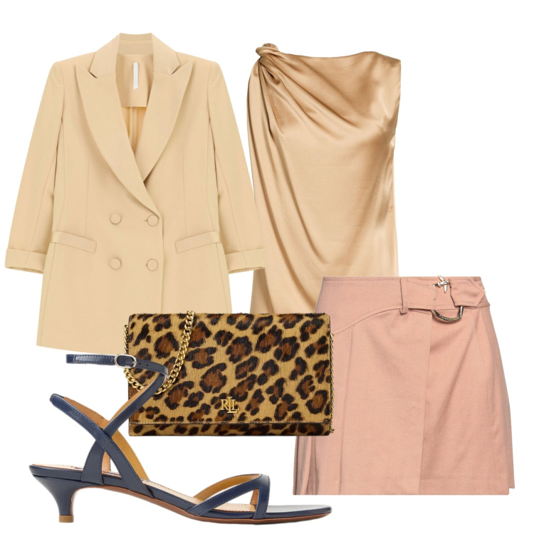 Outfit donna - Cerimonia ocra. Stile Chic per Cerimonia. Abbinamento con minigonne, top, blazer, sandali col tacco, portafogli.