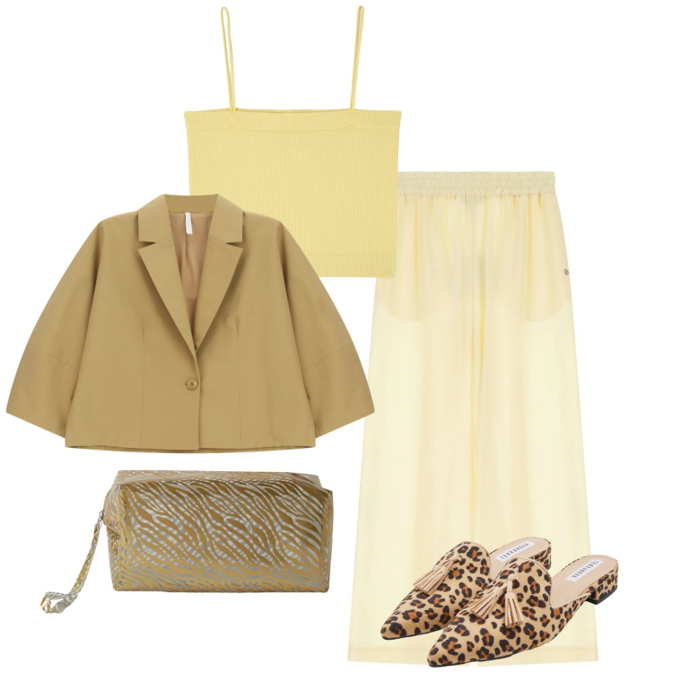 Outfit donna - Serata fresca. Stile Chic per Serata fuori. Abbinamento con blazer, valigie, sabot, top, pantaloni.