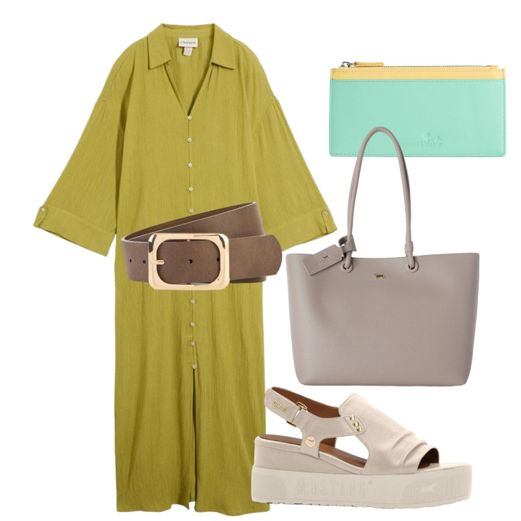 Outfit donna - Rientro comodo. Stile Bon Ton per Tutti i giorni. Abbinamento con cinture, caftani, sandali, shopping bag, portafogli.