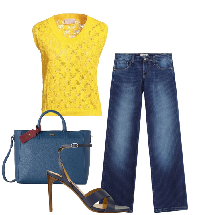 Outfit donna - Con i tacchi. Stile Casual chic per Tutti i giorni. Abbinamento con pullovers, borse a mano, jeans dritti, sandali col tacco.