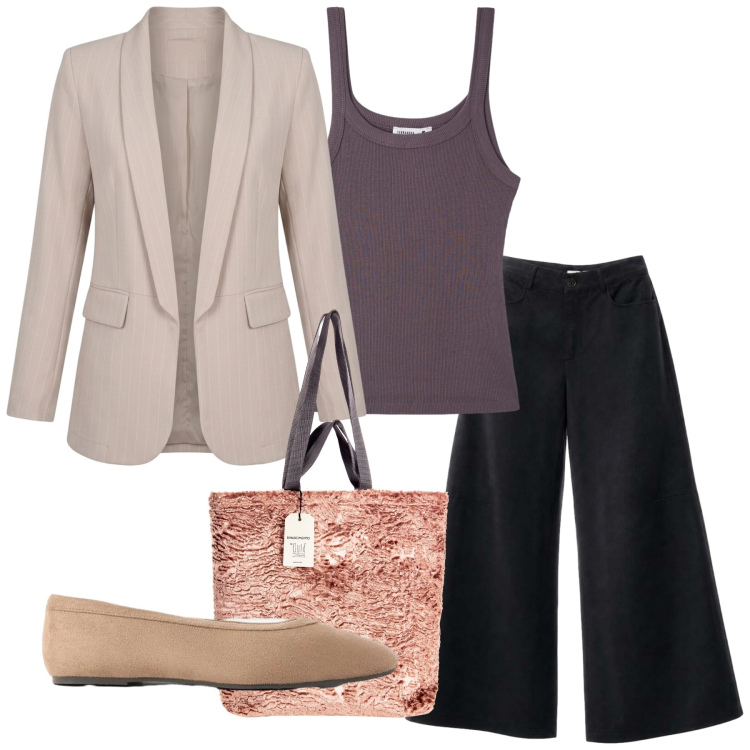 Outfit donna - Minimal city. Stile Minimal per Tutti i giorni. Abbinamento con ballerine, canottiere, pantaloni a palazzo, borse tote, blazer.