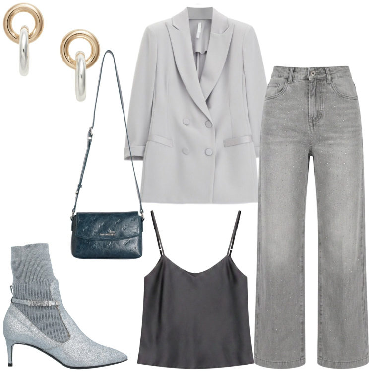 Outfit donna - Total look #2457643. Stile Urban per Serata fuori. Abbinamento con stivaletti, borse a tracolla, blazer, top, jeans, orecchini.