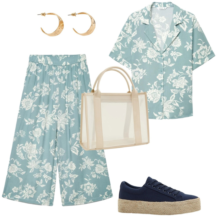 Outfit donna - Completi estivi terranova. Stile Trendy per Tutti i giorni. Abbinamento con sneakers, orecchini, pantaloni a palazzo, camicie a manica corta, borse tote.