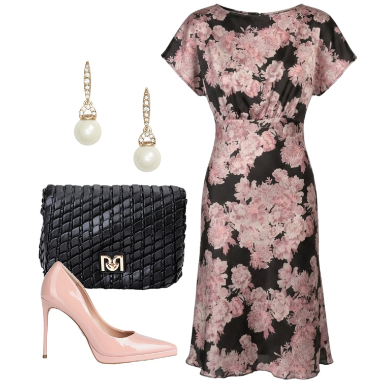 Outfit donna - Invito a nozze. Stile Chic per Cerimonia. Abbinamento con décolleté, borse a tracolla, vestiti midi/longuette, orecchini.