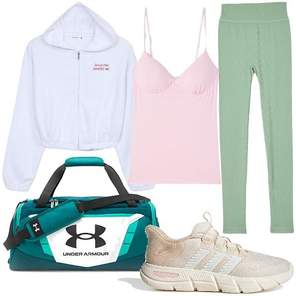 Outfit donna - Back to Pilates Class. Stile Sporty chic per Sport. Abbinamento con leggings, felpe con cappuccio, canottiere, sneakers, borse sportive.