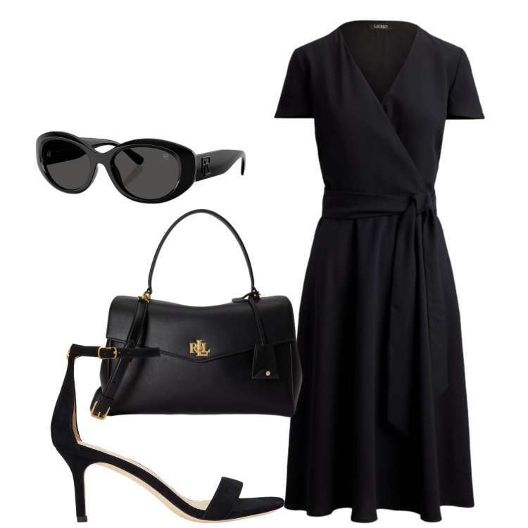 Outfit donna - Black. Stile Bon Ton per Ufficio. Abbinamento con vestiti, occhiali da sole, sandali in pelle, borse a mano.