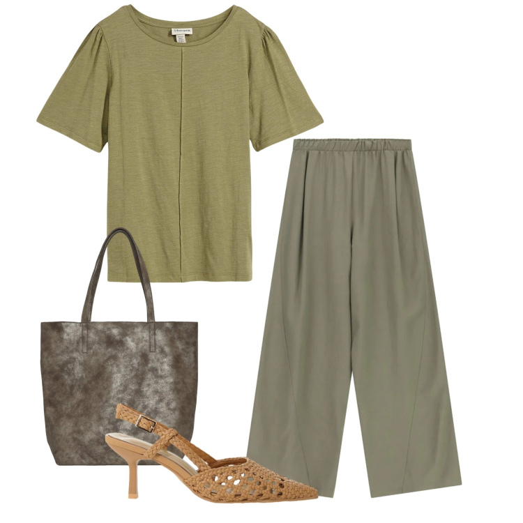Outfit donna - Argilla. Stile Bon Ton per Ufficio. Abbinamento con t-shirt, pantaloni a palazzo, décolleté, shopping bag.