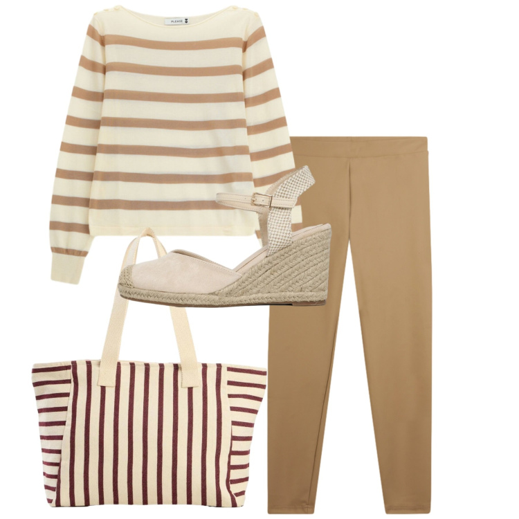 Outfit donna - Righe su righe. Stile Sporty chic per Tutti i giorni. Abbinamento con shopping bag, zeppe, maglieria, leggings.