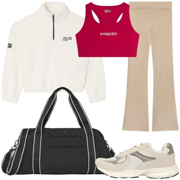Outfit donna - Routine di benessere. Stile Sporty chic per Sport. Abbinamento con sneakers, felpe sportive, leggings, borse sportive, top.