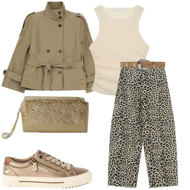 Outfit donna - Verso l\'autunno. Stile Casual per Tutti i giorni. Abbinamento con sneakers, pantaloni, trench, top, valigie, cinture.