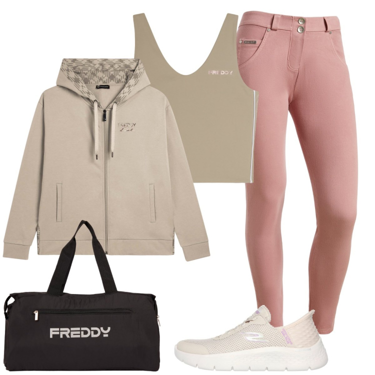 Outfit donna - Al corso di pilates. Stile Casual per Sport. Abbinamento con felpe con cappuccio, pantaloni skinny, borse sportive, top sportivi, scarpe sportive.