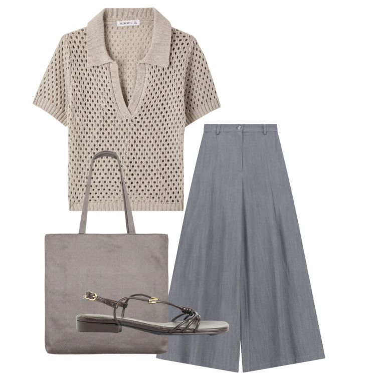 Outfit donna - Grey. Stile Bon Ton per Tutti i giorni. Abbinamento con sandali, polo, shopping bag, pantaloni a palazzo.