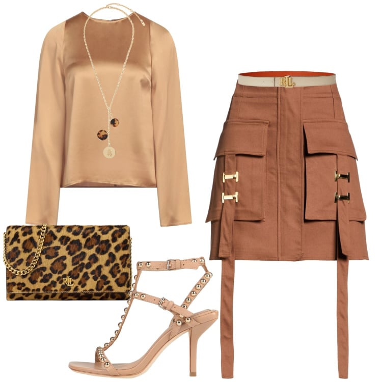 Outfit donna - Chic e casual. Stile Casual chic per Tutti i giorni. Abbinamento con top, minigonne, sandali in pelle, cinture, collane, borse a tracolla.