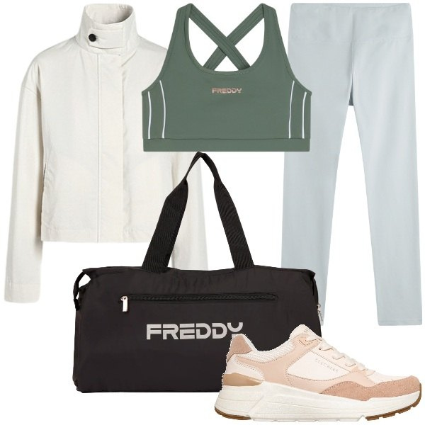 Outfit donna - outfit per la sessione di Pilates. Stile Sporty chic per Sport. Abbinamento con leggings, borse sportive, top, bomber, sneakers.