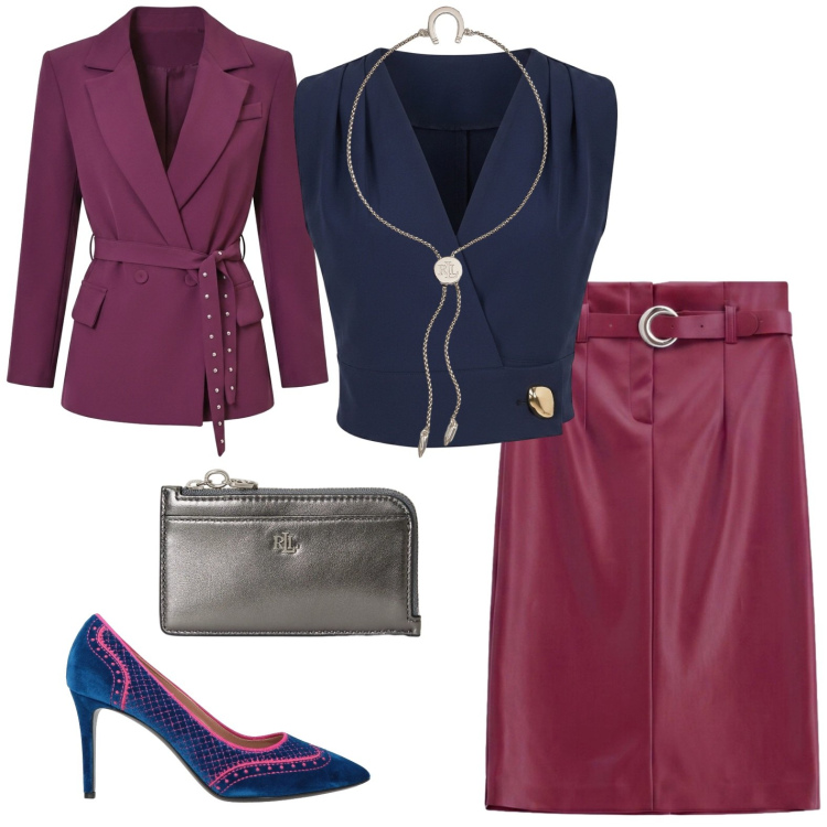 Outfit donna - Cena al mare a fine estate - curvy. Stile Chic per Serata fuori. Abbinamento con décolleté, gonne longuette, braccialetti con ciondoli, portafogli, top, blazer.