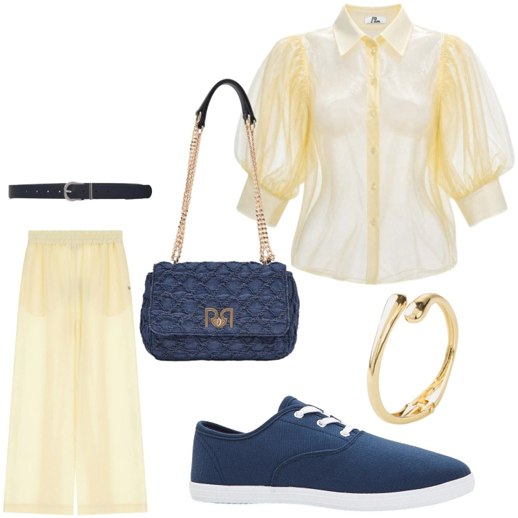 Outfit donna - Maniche a sbuffo. Stile Casual per Tutti i giorni. Abbinamento con sneakers, braccialetti, cinture, camicie, pantaloni, borse a spalla.