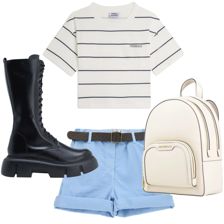 Outfit donna - Righe d\'agosto. Stile Trendy per Tutti i giorni. Abbinamento con zaini, stivali, shorts, t-shirt.
