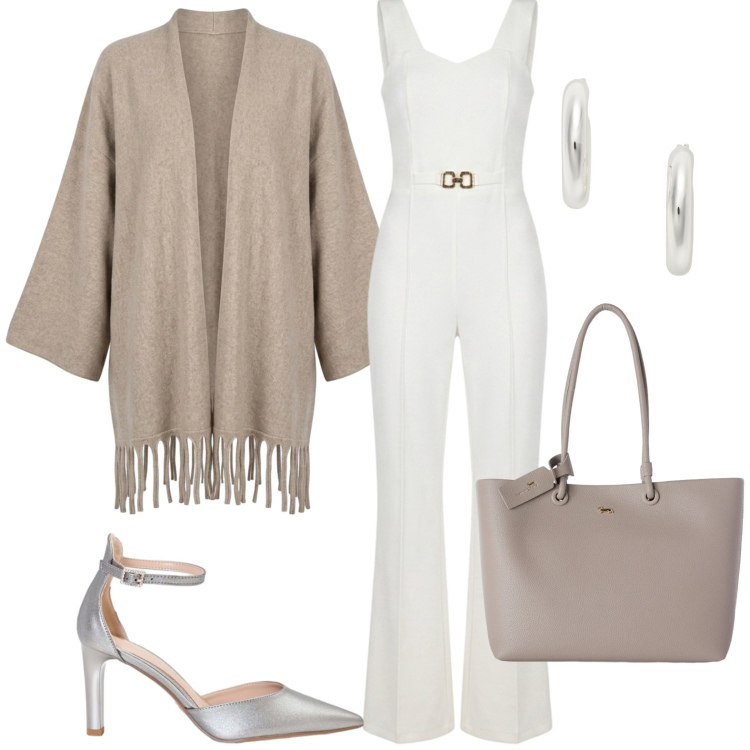 Outfit donna - Grigio raffinato. Stile Basic per Tutti i giorni. Abbinamento con shopping bag, kimono, orecchini, tute, décolleté.