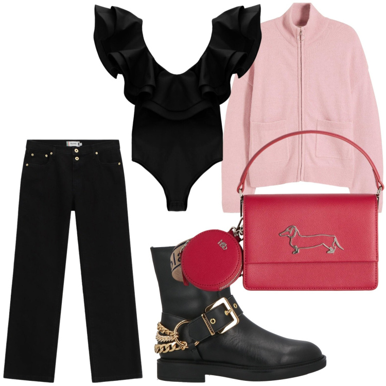 Outfit donna - Anfibi con catena. Stile Casual per Tutti i giorni. Abbinamento con stivaletti, cardigans, pantaloni, borse a tracolla, top.