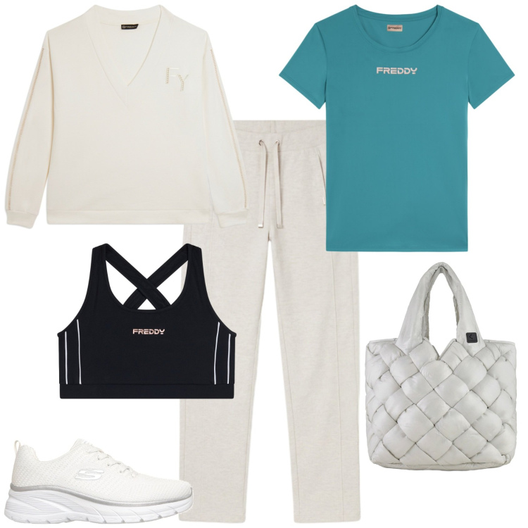 Outfit donna - Sporty chic. Stile Sporty chic per Sport. Abbinamento con top, felpe, pantaloni, t-shirt sportive, borse tote, sneakers.