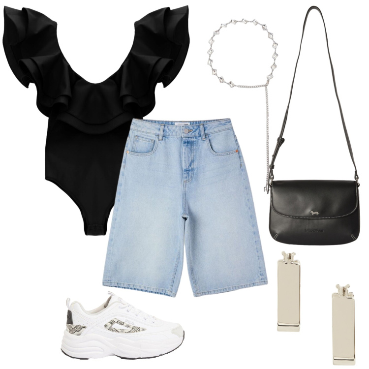 Outfit donna - Weekend. Stile Chic Abbinamento con sneakers, borse a tracolla, top, bermuda, cinture, orecchini.