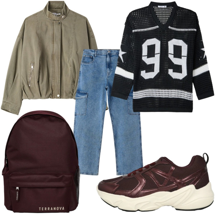 Outfit donna - Terranova - Infinite Summer urban. Stile Urban per Scuola/Università. Abbinamento con zaini, jeans dritti, bomber, maglieria, sneakers.