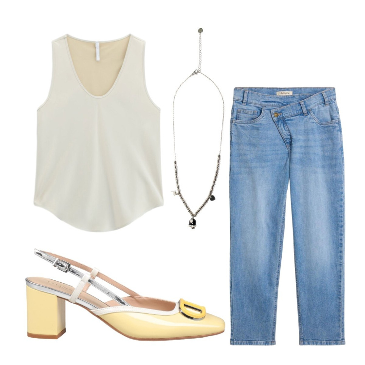Outfit donna - Agosto. Stile Basic per Tutti i giorni. Abbinamento con décolleté, jeans mom, canottiere, ciondoli.