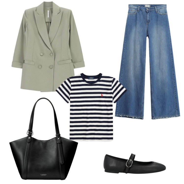 Outfit donna - Shopping in centro. Stile Casual chic per Tutti i giorni. Abbinamento con ballerine, blazer, jeans dritti, t-shirt, borse tote.