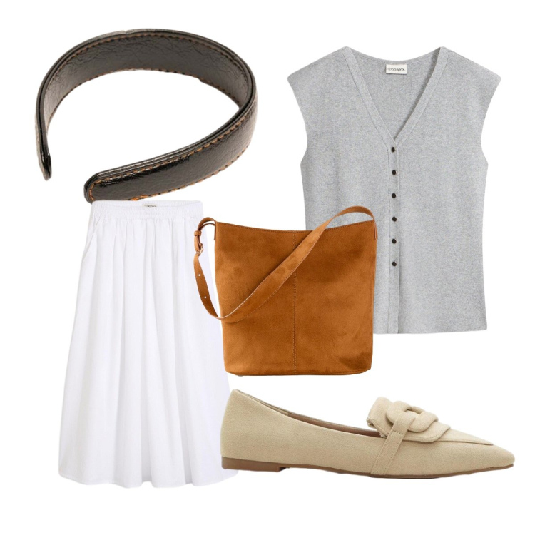 Outfit donna - Agosto. Stile Bon Ton per Tutti i giorni. Abbinamento con borse a mano, gonne longuette, mocassini, maglieria, cerchietti.