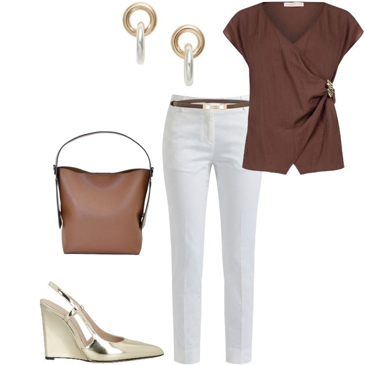 Outfit donna - Total look #2457705. Stile Casual chic per Serata fuori. Abbinamento con décolleté, cinture, pantaloni, bluse, borse a mano, orecchini.