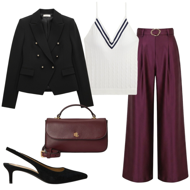 Outfit donna - Aperitivo con le amiche. Stile Casual chic per Serata fuori. Abbinamento con décolleté, canottiere, borse a mano, blazer, pantaloni a palazzo.