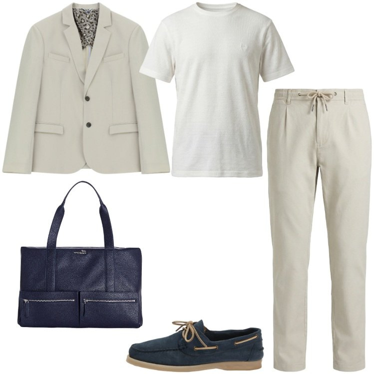 Outfit uomo - Toni chiari. Stile Business/Elegante per Ufficio. Abbinamento con scarpe stringate, borse sportive, pantaloni, t-shirt, giacche.