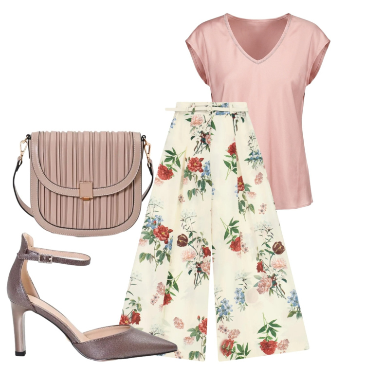 Outfit donna - Si lavora. Stile Bon Ton per Ufficio. Abbinamento con pantaloni a palazzo, t-shirt, borse a tracolla, décolleté.