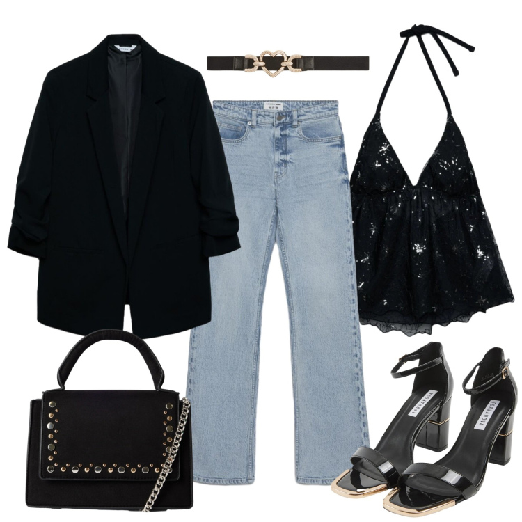 Outfit donna - Aperitivo time. Stile Casual chic per Tutti i giorni. Abbinamento con sabot, cinture, borse a tracolla, blazer, jeans bootcut, top.