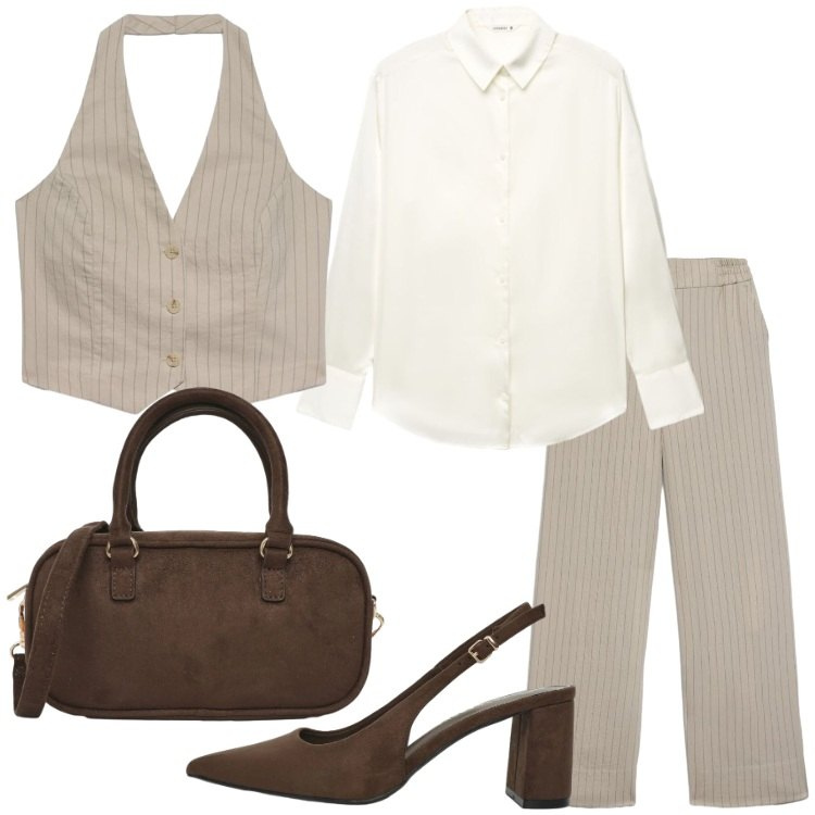 Outfit donna - Terranova - Infinite Summer. Stile Minimal per Serata fuori. Abbinamento con pantaloni, gilet, borse a tracolla, décolleté, camicie.